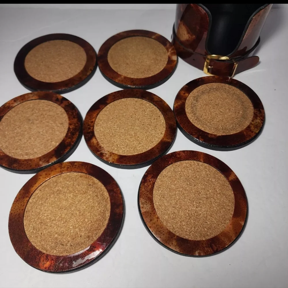 Vtg Western Designer Drink Coaster Set Gold Belt Buckle Drinks Bar Marbled 8 Pc